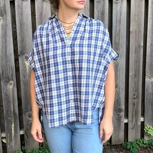 Blue Plaid Madewell Blouse with Open Back, Medium